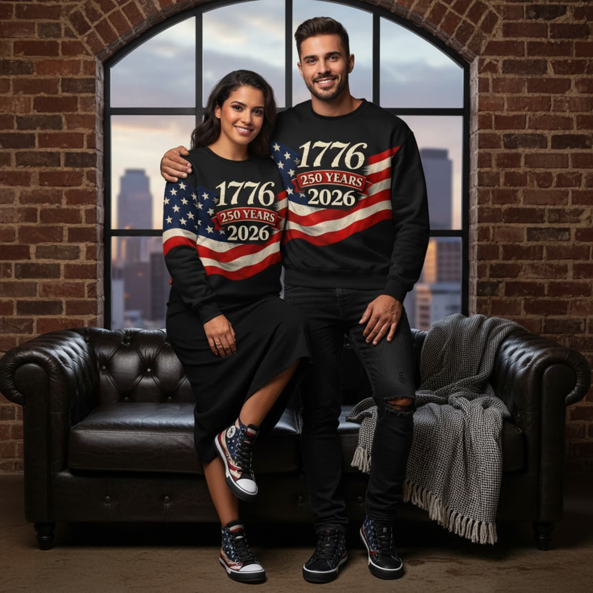 Cuban couple featuring the Founders Crewneck 1776 + Shoes (Black) set