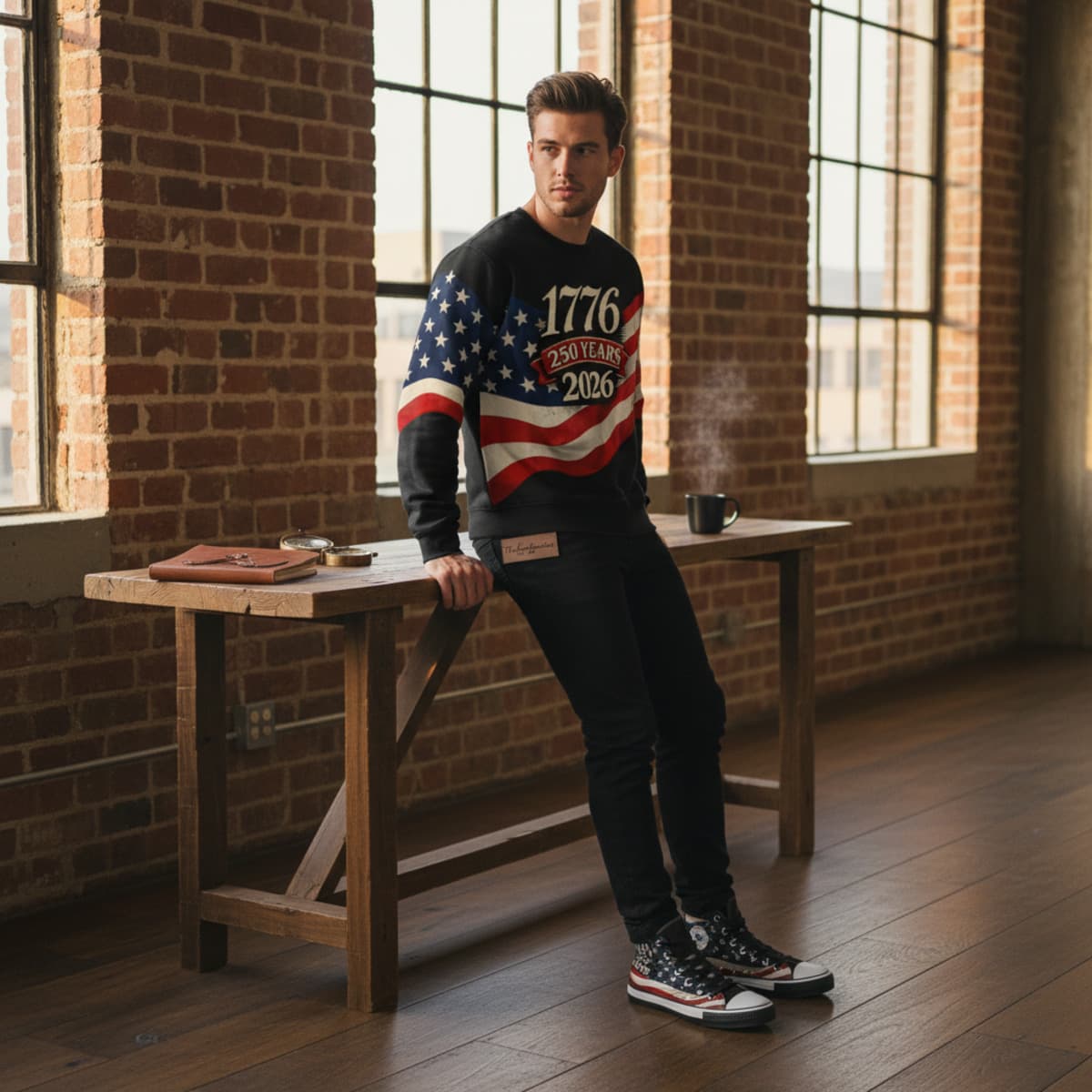 Model wearing the Founders Crewneck 1776 + Shoes (Black) set