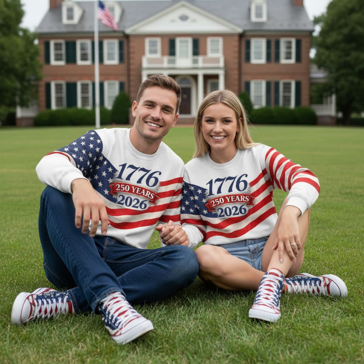 White couple featuring the Founders Crewneck 1776 + Shoes (White) set