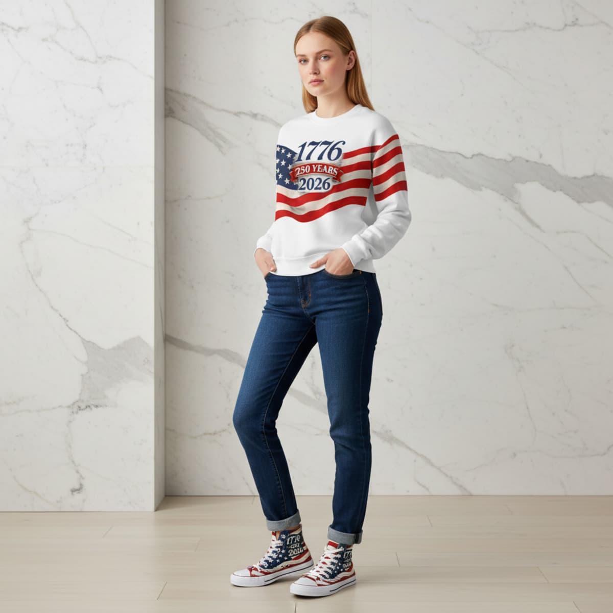 White model wearing the Founders Crewneck 1776 + Shoes (White) set
