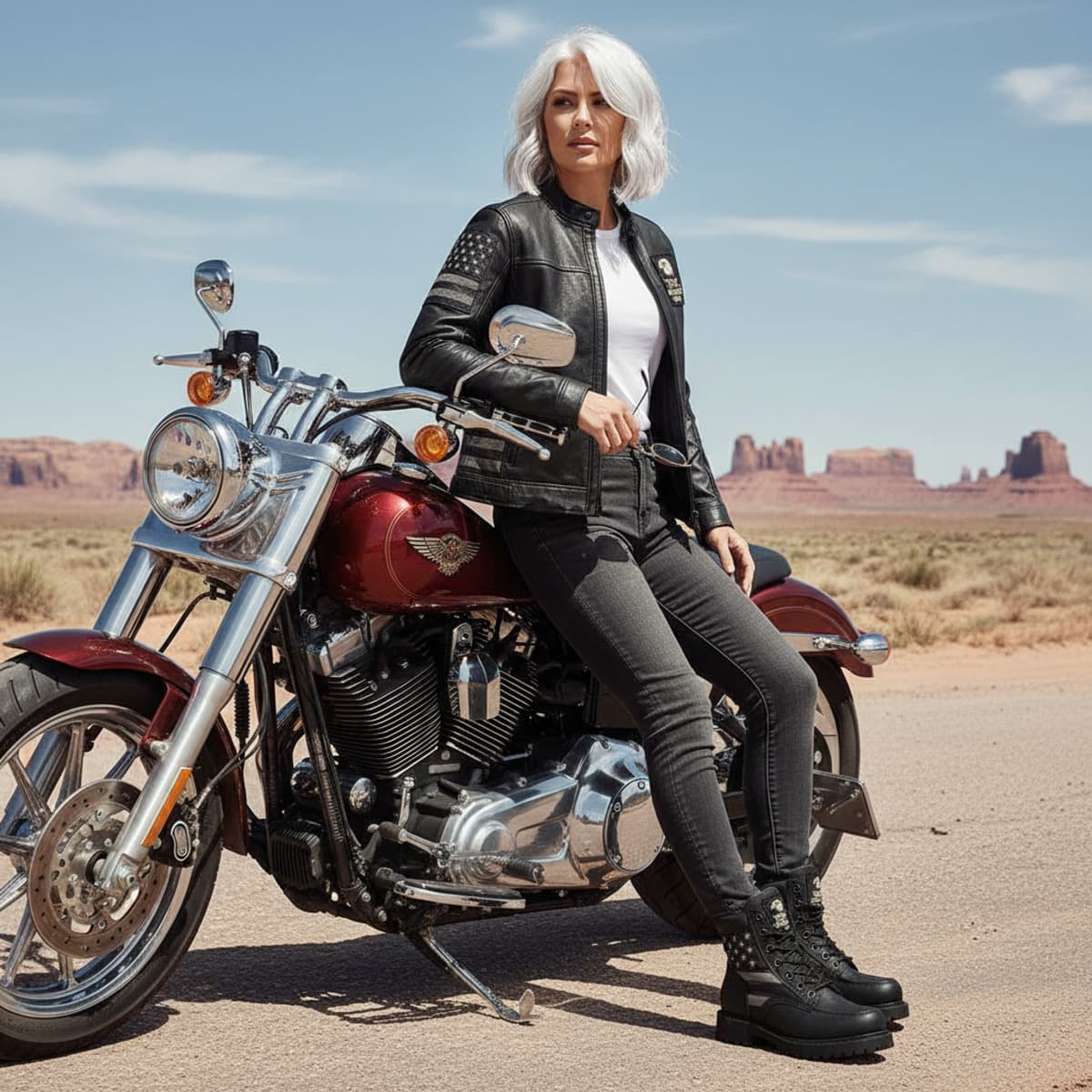 Blonde woman styled in the Jacket + Boots set beside a motorcycle