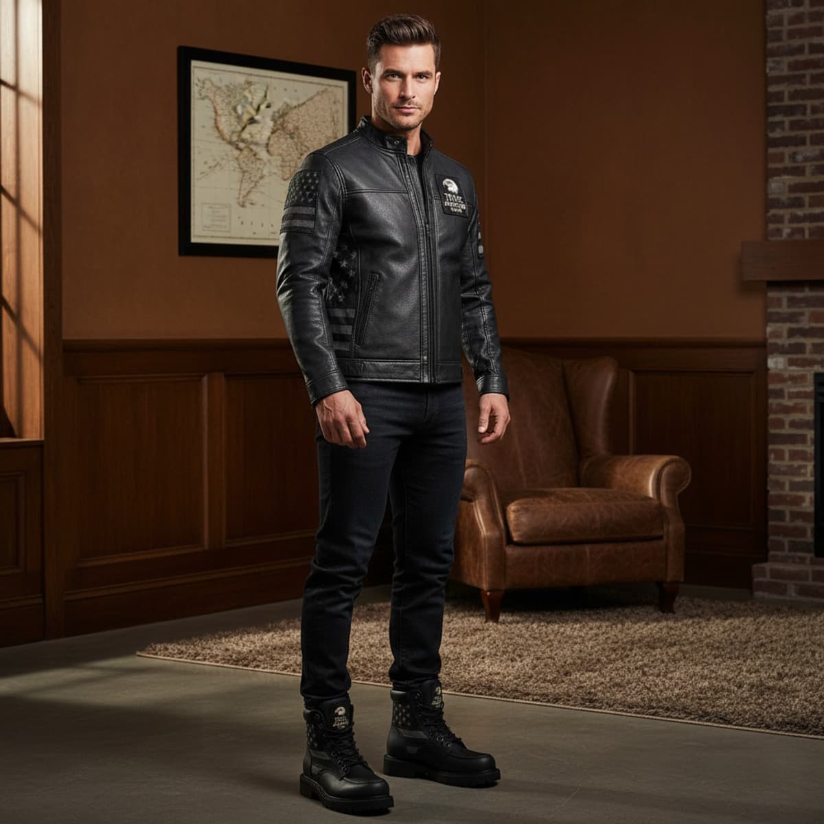 Male model wearing True American Wear jacket and boots