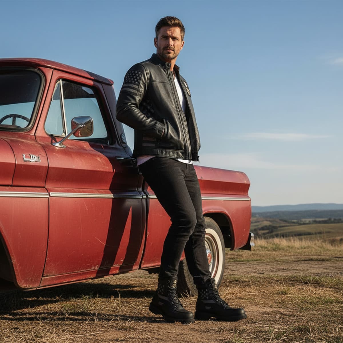 Male lifestyle image wearing True American Wear jacket and boots
