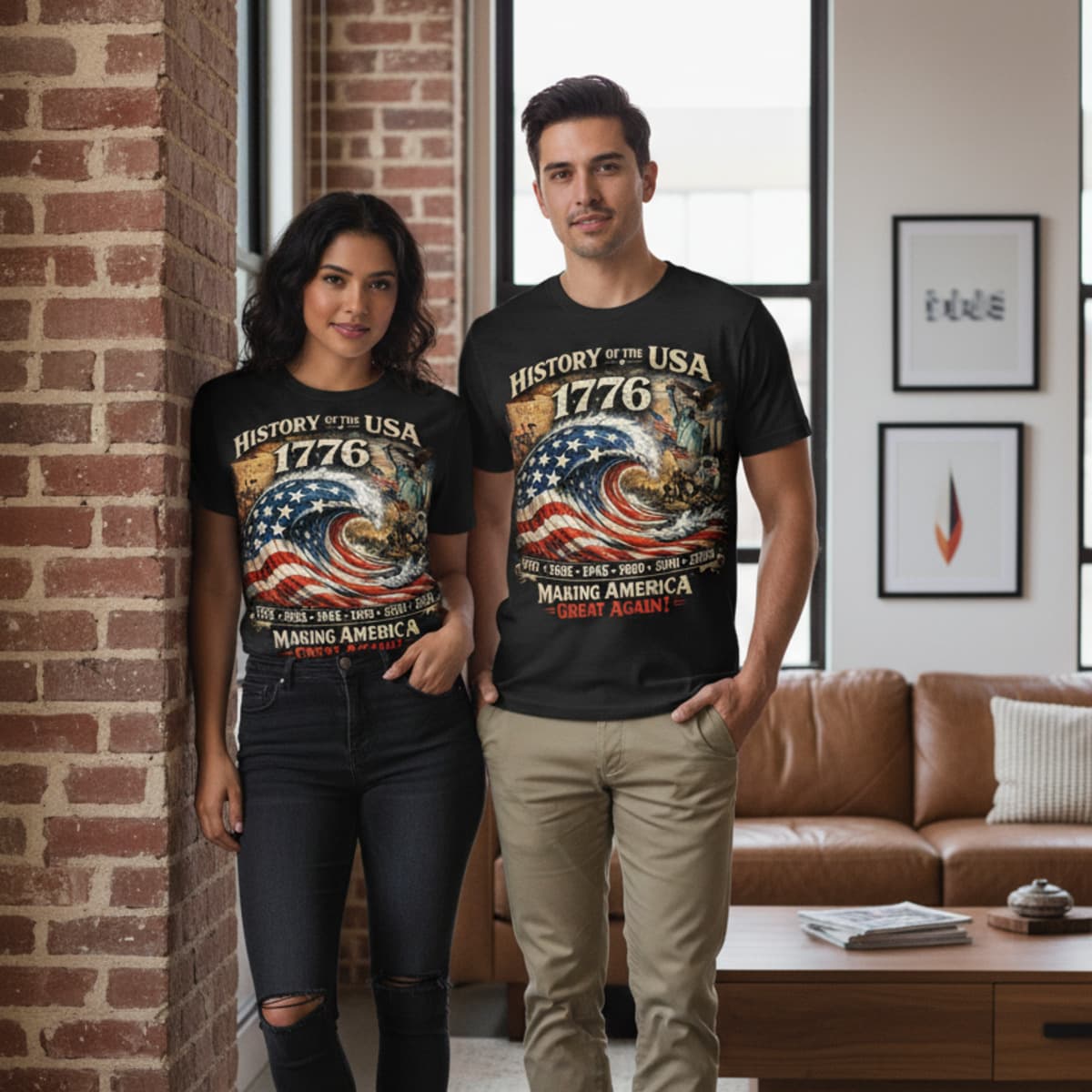 Mexican couple wearing Making Waves in History T-shirt