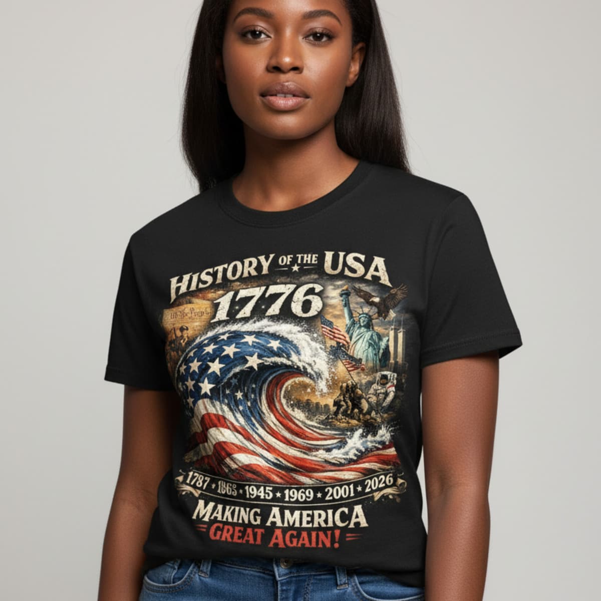 Light skin Black female model wearing Making Waves in History T-shirt