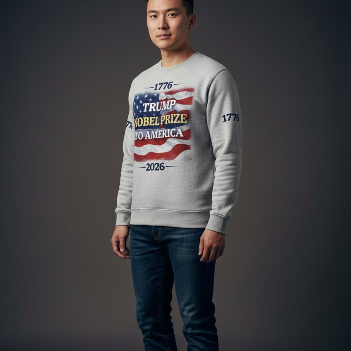 Chinese male model wearing the 45-47 Tribute Crewneck