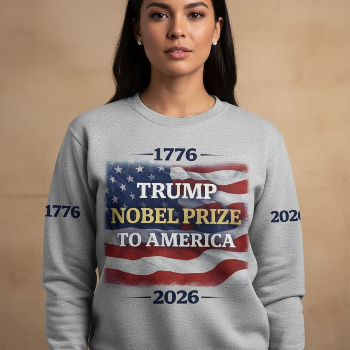 Puerto Rican female model wearing the 45-47 Tribute Crewneck