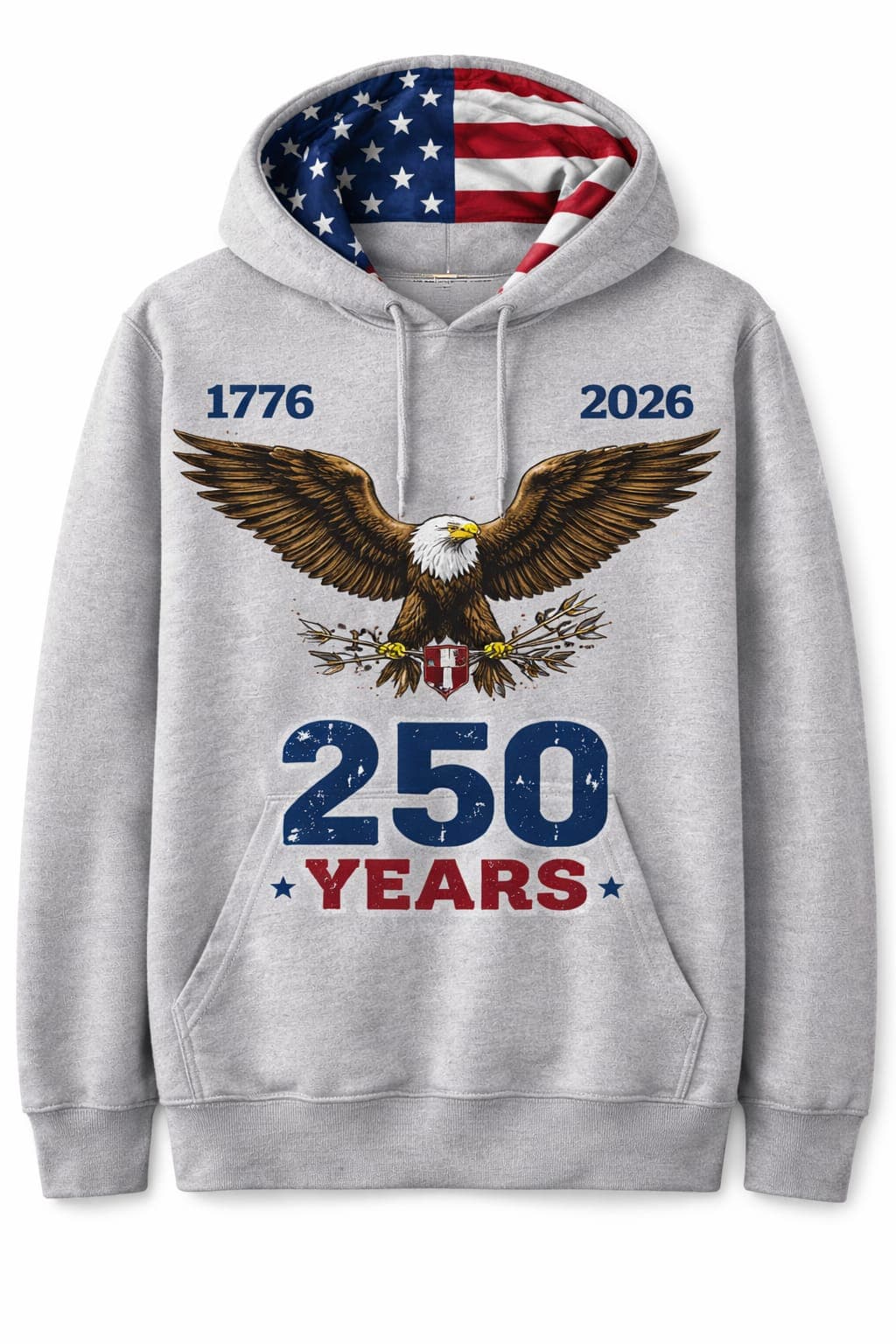 Gray hoodie with 1776 2026 eagle artwork and 250 Years text.