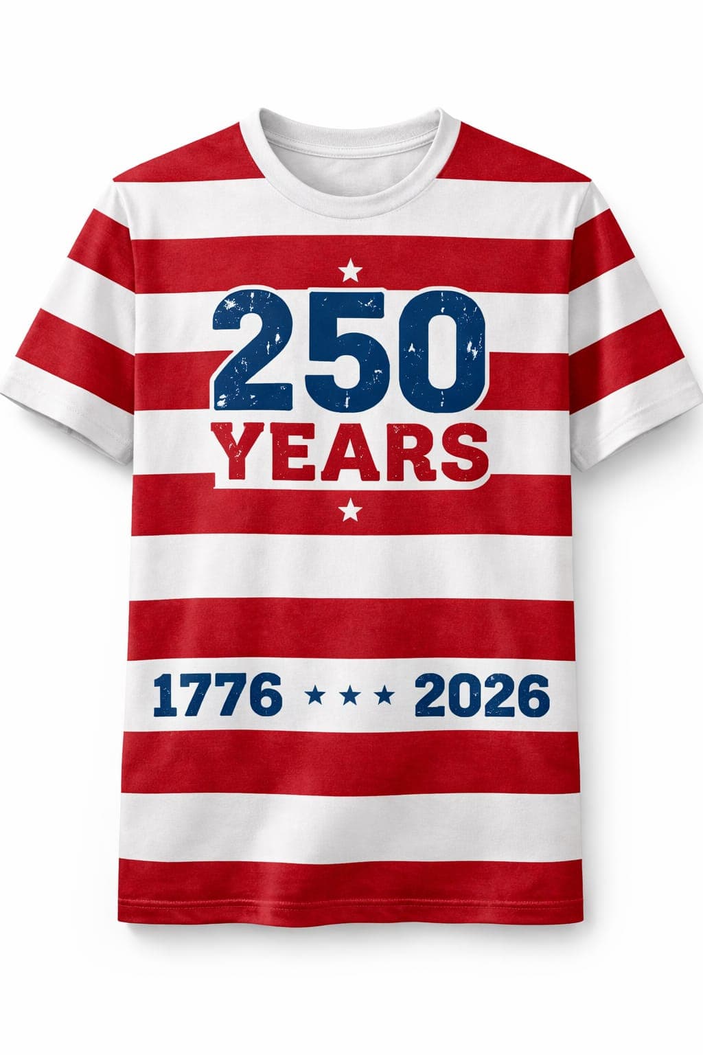 Red and white striped 250 Years shirt with 1776 and 2026 text.