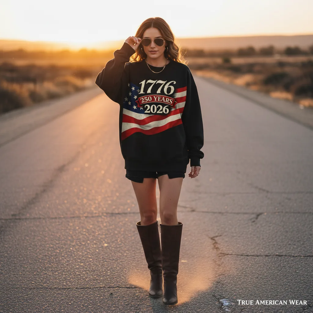 Woman wearing the Founders 1776 Crewneck walking down the road at sunset
