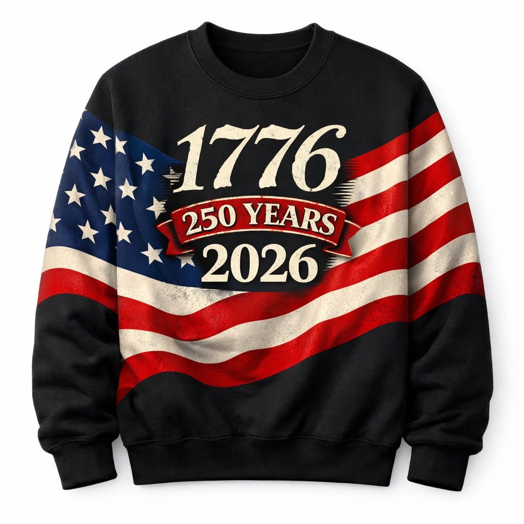 Black 1776 250 Years 2026 crewneck with sweeping flag graphic.